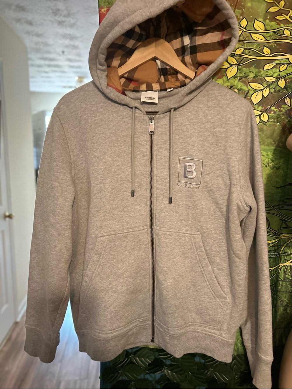 Burberry Light Gray Men's Zip-Up Hoodie with Signature Check Hood Lining
